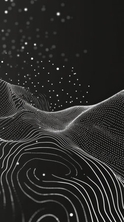 A striking arrangement of luminous particles gracefully flows against a black backdrop. The sparkling dots create a mesmerizing pattern, suggesting movement and depth in an artistic display.の素材