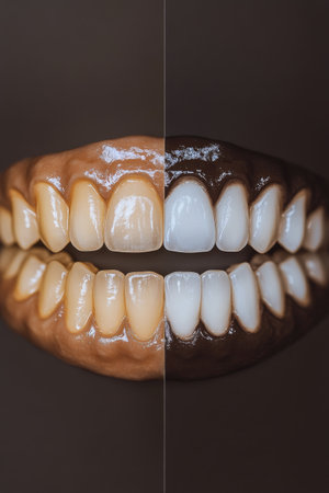 Close up view reveals the dramatic transformation of teeth showing decay on one side and restoration on the other. The contrast highlights dental health differences and treatment effectiveness.の素材