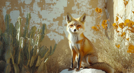 A wild fox elegantly sits on a rock, displaying its vivid orange fur against an aged wall. Surrounding cacti and green plants enhance the serene desert atmosphere during dawn.の素材