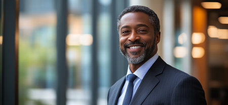 A well dressed man with a warm smile stands confidently in a contemporary office environment. Sunlight streams through large windows, creating an inviting atmosphere that enhances his professionalism.の素材