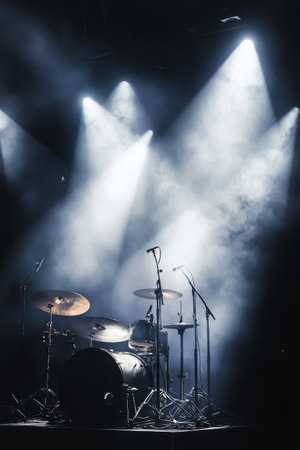 A drum set stands ready on stage, illuminated by dramatic lighting and enveloped in smoke. The atmosphere hints at an upcoming live music performance, creating a sense of anticipation.の素材