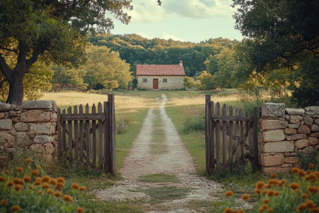A quaint stone cottage sits behind rustic wooden gates. Wildflowers bloom along the pathway leading to the home, set in serene countryside with gentle hills in the background.の素材