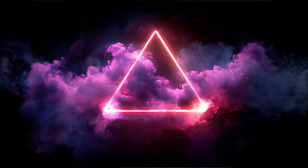 A striking neon triangle glows brightly above a swirling mass of colorful smoke. The scene is set in a dark environment, creating a captivating and mysterious ambiance.の素材