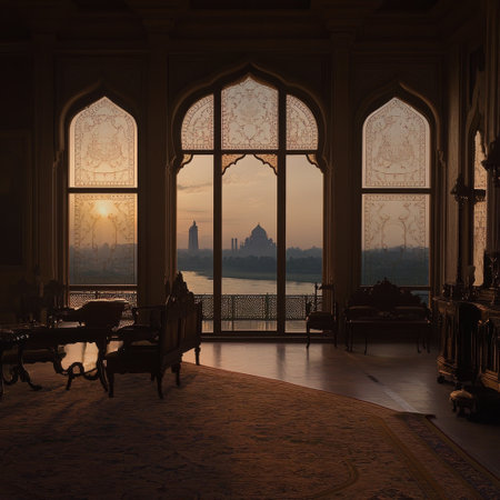 Gilded interiors with intricate designs frame a breathtaking sunset over a river. The distant silhouette of a famous landmark adds charm to the tranquil atmosphere.の素材