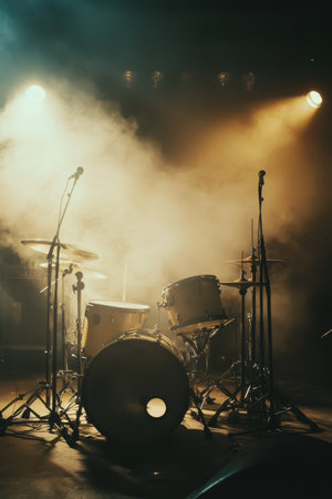 A drum set stands ready on stage, illuminated by dramatic lighting and enveloped in smoke. The atmosphere hints at an upcoming live music performance, creating a sense of anticipation.の素材