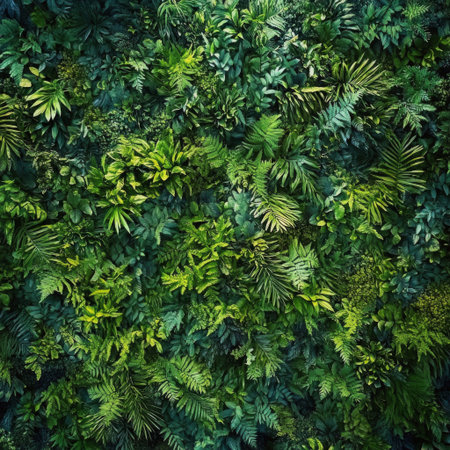 A dense collection of various leafy plants fills the space, showing a rich variety of greens in a forest setting. Sunlight filters through, highlighting textures and shapes of leaves.の素材