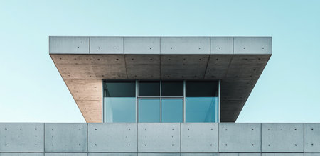 A striking modern structure showcases a concrete facade and a sleek glass balcony. Its design emphasizes minimalism against a tranquil twilight sky, highlighting architectural elegance.の素材