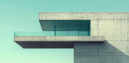 A striking modern structure showcases a concrete facade and a sleek glass balcony. Its design emphasizes minimalism against a tranquil twilight sky, highlighting architectural elegance.の素材