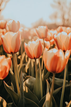 A peaceful baby sleeps gently among vibrant orange tulips in a bright garden. The warm sunlight creates a soft glow, highlighting the delicate flowers surrounding the child, capturing a serene moment.の素材