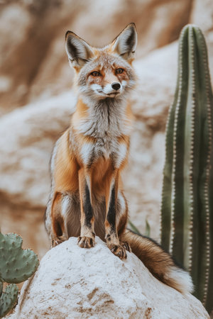 A fox sits proudly on a rocky outcrop, displaying its beautiful fur under the sun. Tall cacti tower in the background, creating a striking desert landscape filled with natural beauty.の素材