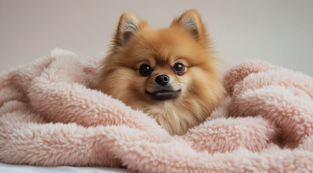 A fluffy Pomeranian dog relaxes on a plush blanket, surrounded by white pillows in a serene bedroom. Sunlight gently illuminates the peaceful atmosphere, enhancing the cozy feel.の素材