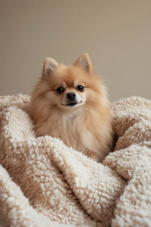 A fluffy Pomeranian dog relaxes in a soft blanket, surrounded by a calm indoor atmosphere. The animals playful expression adds warmth to the cozy setting.の素材