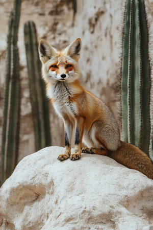 A fox sits proudly on a rocky outcrop, displaying its beautiful fur under the sun. Tall cacti tower in the background, creating a striking desert landscape filled with natural beauty.の素材