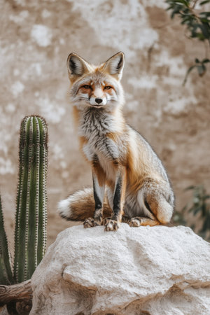 A fox sits proudly on a rocky outcrop, displaying its beautiful fur under the sun. Tall cacti tower in the background, creating a striking desert landscape filled with natural beauty.の素材