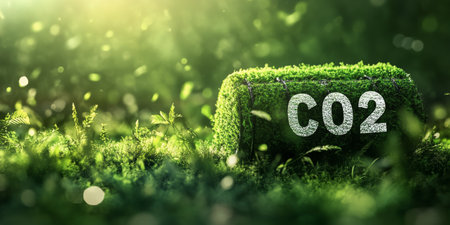 A cylindrical capsule labeled CO2 rests amidst lush greenery, highlighted by soft, ambient green light. The tranquil atmosphere suggests a focus on nature and sustainability.の素材