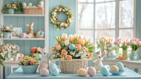 Springtime decor features a charming arrangement of flowers and pastel Easter eggs. Soft colors and festive elements create an inviting atmosphere perfect for the season.の素材