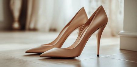 Two golden stylish high heels rest on a polished floor beside a window. Soft natural light streams in, highlighting the elegant design and sheen of the shoes, creating a chic atmosphere.の素材
