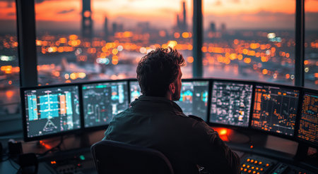 A control tower operator focuses on screens while managing air traffic at twilight. The city lights twinkle in the background as the sun sets, creating a vibrant skyline.の素材