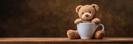 A soft teddy bear emerges playfully from a white coffee cup placed on a rustic wooden table. The warm brown background adds a cozy feel to the setting, enhancing the adorable scene.の素材
