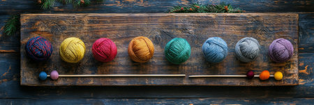 Various rolls of yarn in multiple colors are neatly arranged on a rustic wooden board, showcasing their textures and hues. This creates an inviting atmosphere for textile crafting.の素材