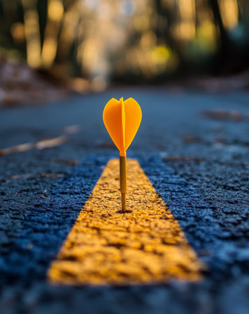 A yellow dart is perfectly positioned in the center of a circular target on a peaceful road. The target features bright colors and is surrounded by lush trees, indicating a serene atmosphere.の素材