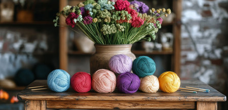 A selection of vibrant yarn balls sits neatly on a rustic wooden table next to a bouquet of flowers. This cozy craft space invites creative projects and relaxation.の素材