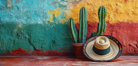 A vibrant wall displays colors of green, yellow, and red while a traditional hat rests on a brick ledge beside two tall cacti. This setting reflects a rich cultural heritage.の素材