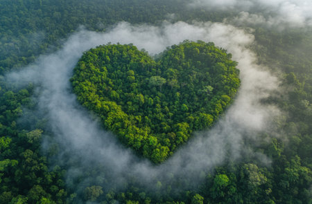 A heart shaped clearing in a dense green forest is surrounded by mist. The vibrant foliage highlights natures beauty, and the atmosphere feels tranquil and serene.の素材