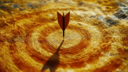 A dart is positioned upright in the center of a bullseye target. The warm lighting enhances the concentric circles, showcasing precision and skill during a game of darts.の素材