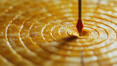 A dart is positioned upright in the center of a bullseye target. The warm lighting enhances the concentric circles, showcasing precision and skill during a game of darts.の素材