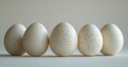 A collection of natural speckled eggs is artistically arranged, showing their unique patterns. This display is designed for a festive celebration, highlighting aesthetic charm.の素材
