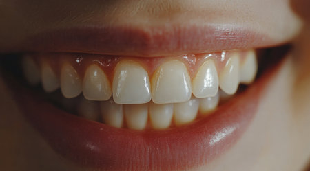 A close up view of a persons mouth reveals bright, well aligned teeth with a cheerful smile. Natural light highlights the healthy appearance and glossy lips.の素材