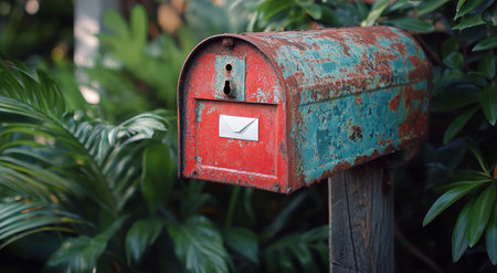 A vintage red mailbox stands on a wooden post, half concealed by thick, vibrant green foliage in a tropical forest. Nature envelops the mailbox, creating a tranquil scene.の素材