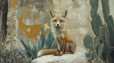 A wild fox elegantly sits on a rock, displaying its vivid orange fur against an aged wall. Surrounding cacti and green plants enhance the serene desert atmosphere during dawn.の素材