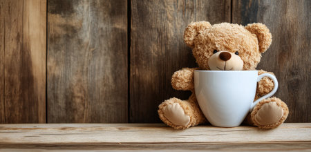 A fluffy teddy bear is nestled beside a white cup on a rustic wooden surface. The warm tones of the wood create a cozy atmosphere, enhancing the charm of the setting.の素材