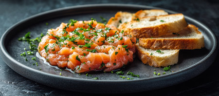 Savory salmon tartare is beautifully arranged on slices of crusty artisan bread, garnished with fresh herbs. This dish showcases a blend of flavors and textures, perfect for appetizers.の素材