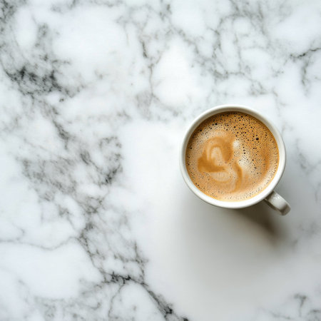 A steaming cup of coffee sits on a polished marble table, showing beautiful frothy latte art. Morning sunlight illuminates the scene, creating a cozy atmosphere perfect for starting the day.の素材