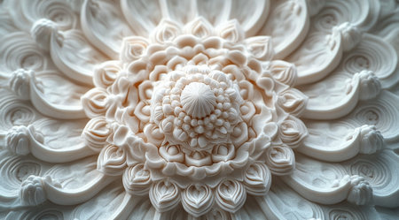 Exquisite white plaster work features detailed floral designs and a central circular motif. This craftsmanship highlights the beauty of traditional ornamental art in a serene setting.の素材