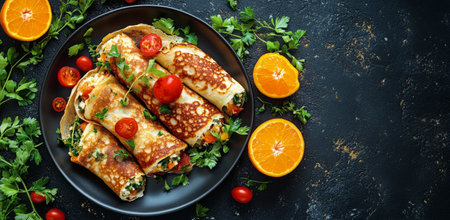 A plate of golden pancakes is beautifully arranged with sliced oranges and fresh basil leaves. The dark background enhances the vibrant colors of the dish, creating an appetizing presentation.の素材