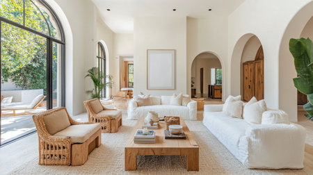 A modern living room showcases soft neutral colors, comfortable couches, and natural elements. Large windows invite sunlight, enhancing the serene atmosphere of the welcoming space.の素材