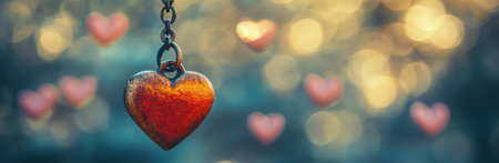 A shiny key shaped pendant dangles from a red heart attached to a branch. Soft golden sunset light creates a dreamy and romantic atmosphere with blurred hearts glowing in the background.の素材