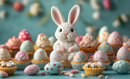 A cheerful bunny figurine sits among an assortment of colorful Easter treats. Decorated eggs and pastries display vibrant patterns, creating a festive atmosphere perfect for celebrations.の素材