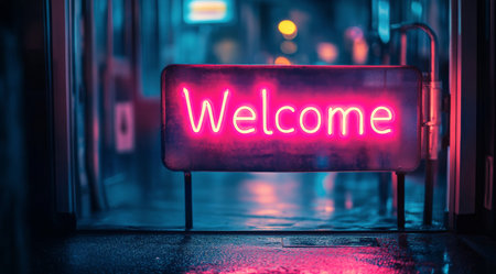 A bright neon welcome sign glows vividly in the night, reflecting off wet pavement in an urban alley. The atmosphere is vibrant and inviting despite the rain.の素材