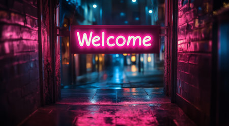 A bright neon welcome sign glows vividly in the night, reflecting off wet pavement in an urban alley. The atmosphere is vibrant and inviting despite the rain.の素材