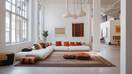A spacious interior showcases a contemporary seating arrangement with bright cushions. Large windows flood the room with natural light, highlighting the minimalist decor and vibrant rug.の素材