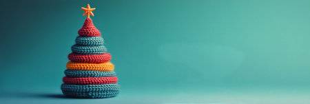 A vibrant knitted Christmas tree featuring stripes of pink, yellow, and blue. The star on top adds a festive touch, perfect for holiday decor. This cheerful creation brightens any space.の素材