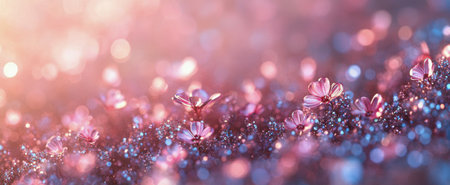 Soft pastel colors blend together as tiny flowers emerge from a shimmering glitter background. The scene captures a dreamlike ambiance, exuding tranquility and beauty in subtle hues.の素材