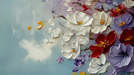 A vibrant display of flowers in various colors is spread across a light blue background. The artwork features white, red, and purple blossoms, creating a joyful and lively atmosphere.の素材