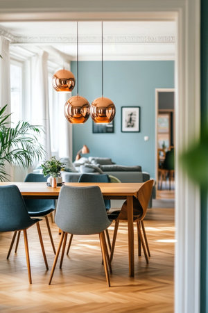 This inviting dining space features a wooden table surrounded by modern chairs, complemented by contemporary pendant lights. A plant adds a touch of greenery.の素材