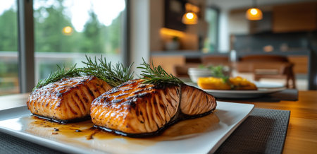 Two perfectly grilled salmon fillets adorned with fresh herbs are served on a white plate. The inviting dining area features warm lighting and modern decor, creating a cozy atmosphere.の素材
